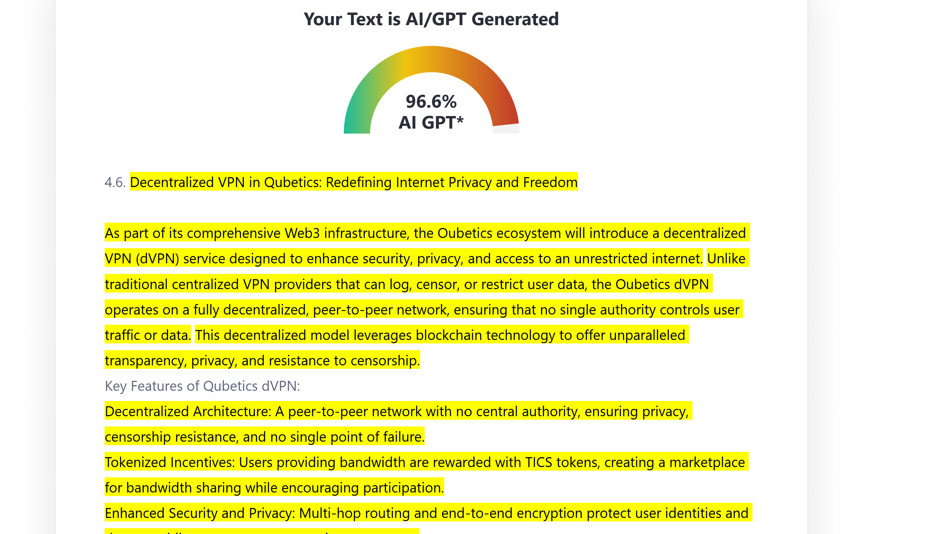 Screenshot of an AI detector tool interface displaying a block of text with highlighted sections in yellow. The tool indicates a 96.6% probability that the text was generated by AI