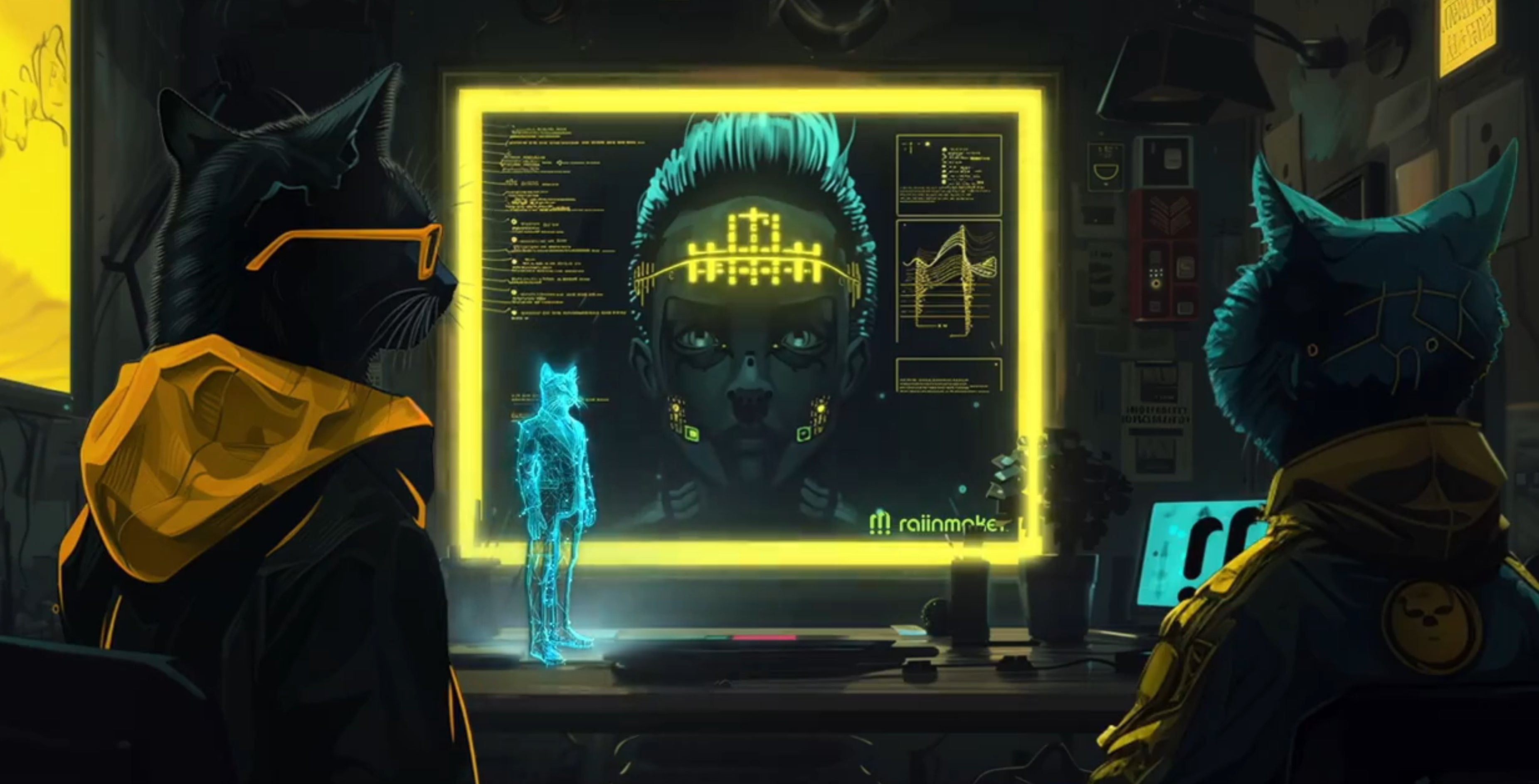 Dark-themed image featuring two black cats wearing stylish clothes, with their backs to the viewer, looking at a blue hologram of a cat