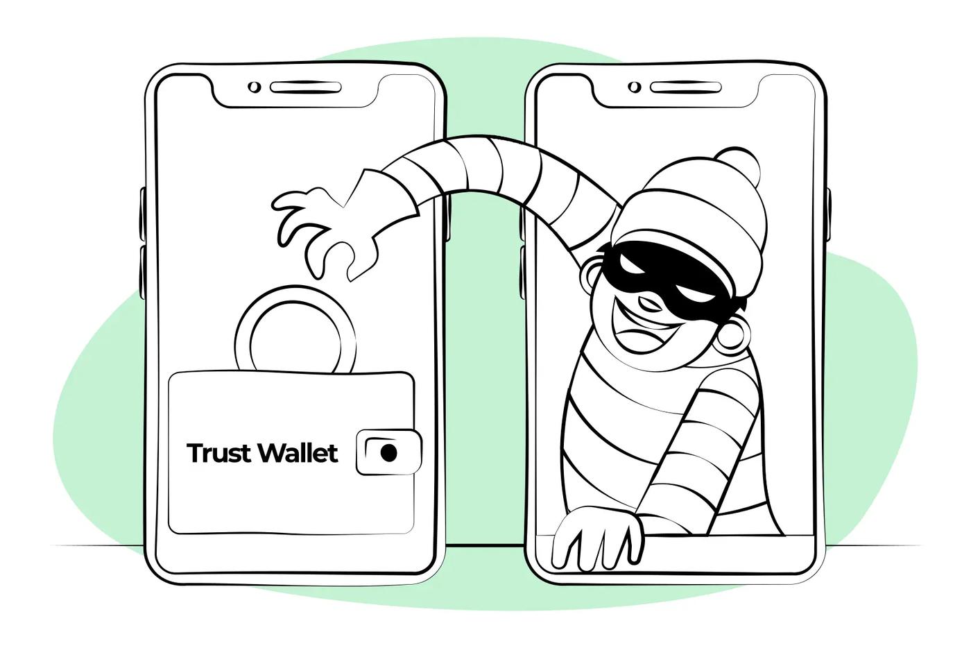 Illustration of two phones with a person in a black mask reaching out from one phone to the other, trying to grab a bag labeled 'Trust Wallet'