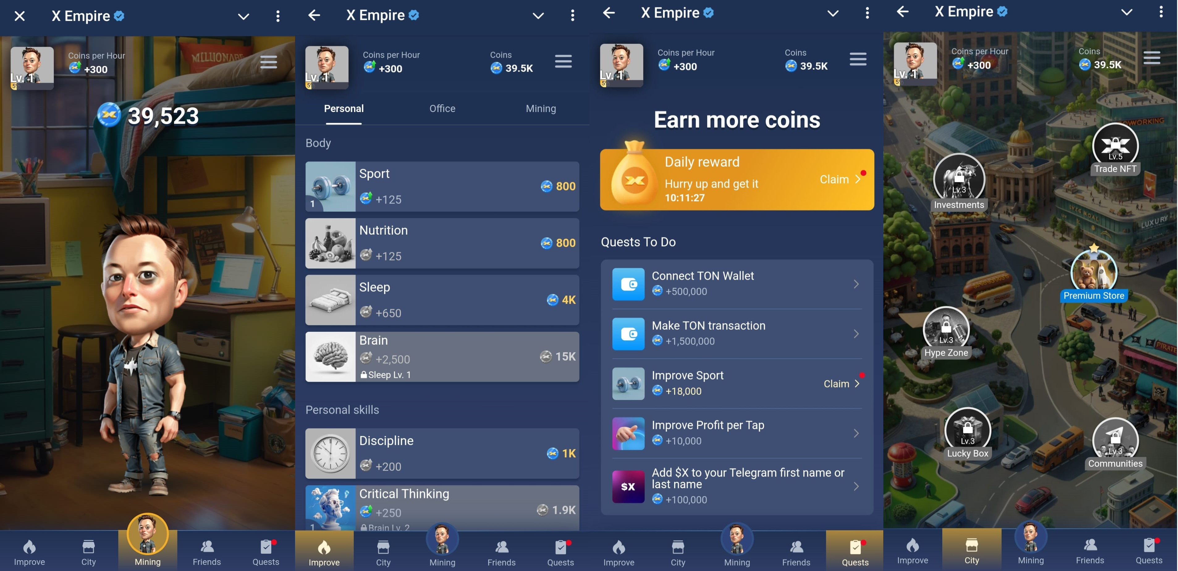 Four side-by-side screenshots from the X-Empire game, showing the Elon Musk avatar, upgrade screen, quests, and city map with token activities