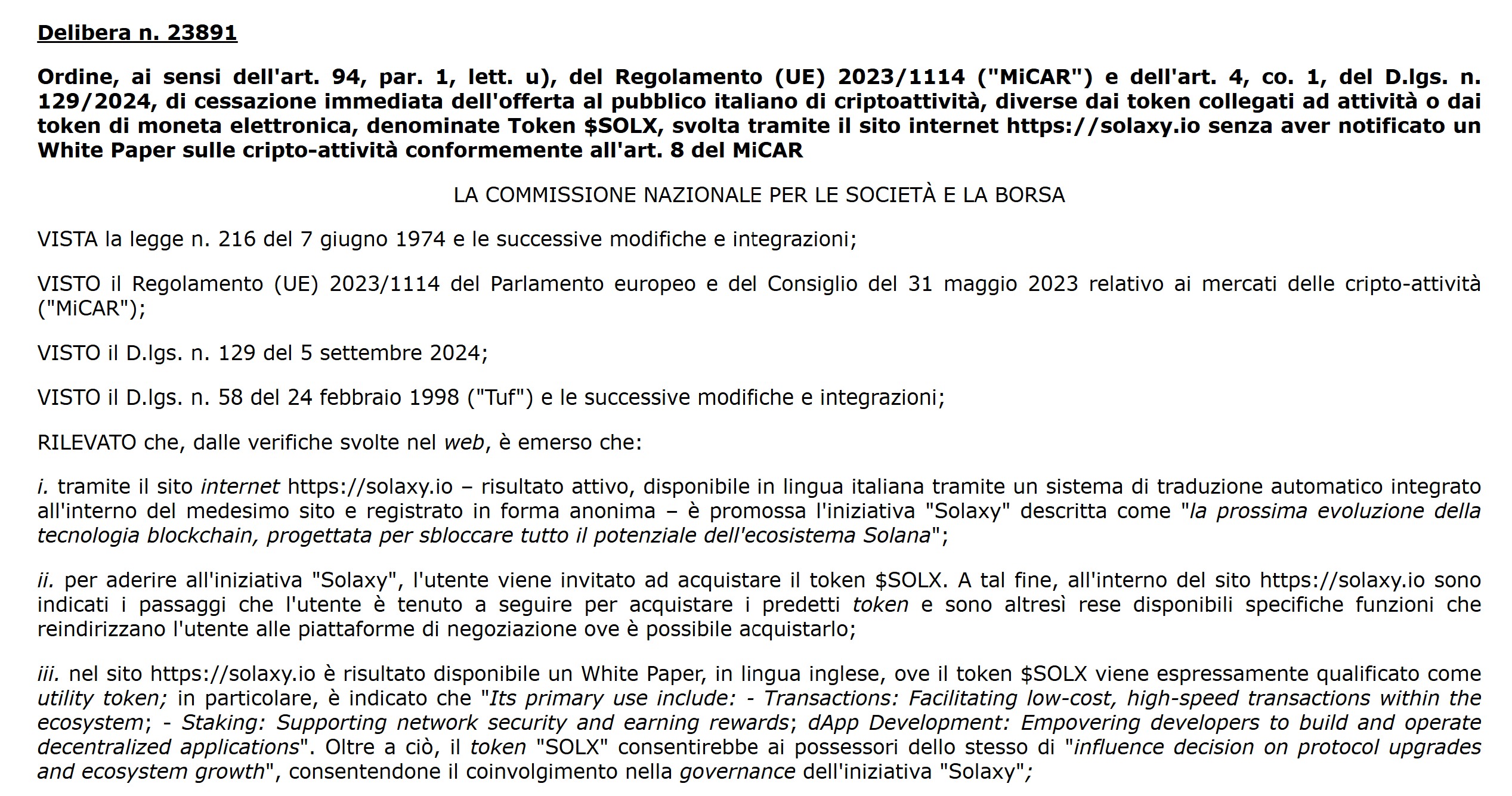 Official CONSOB resolution document titled Delibera n. 23891 referencing Solaxy $SOLX and MiCA.