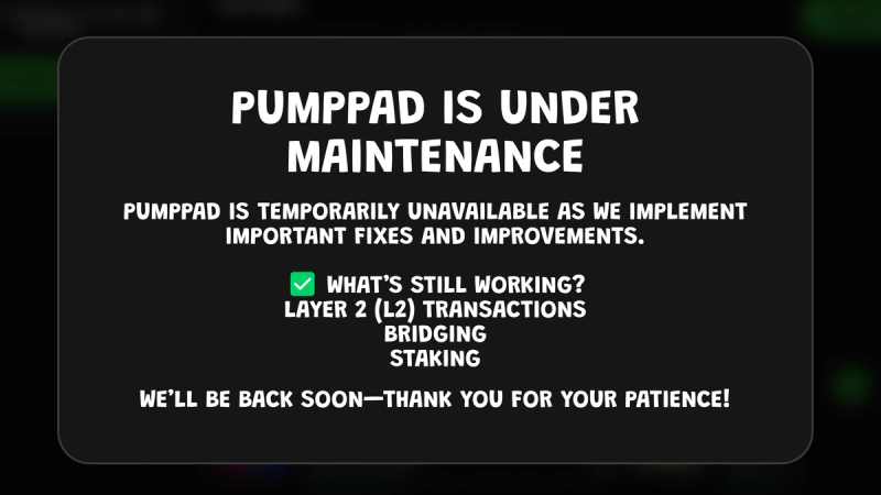 PumpPad website showing a dark-themed popup with "PumpPad under maintenance" message in white text.