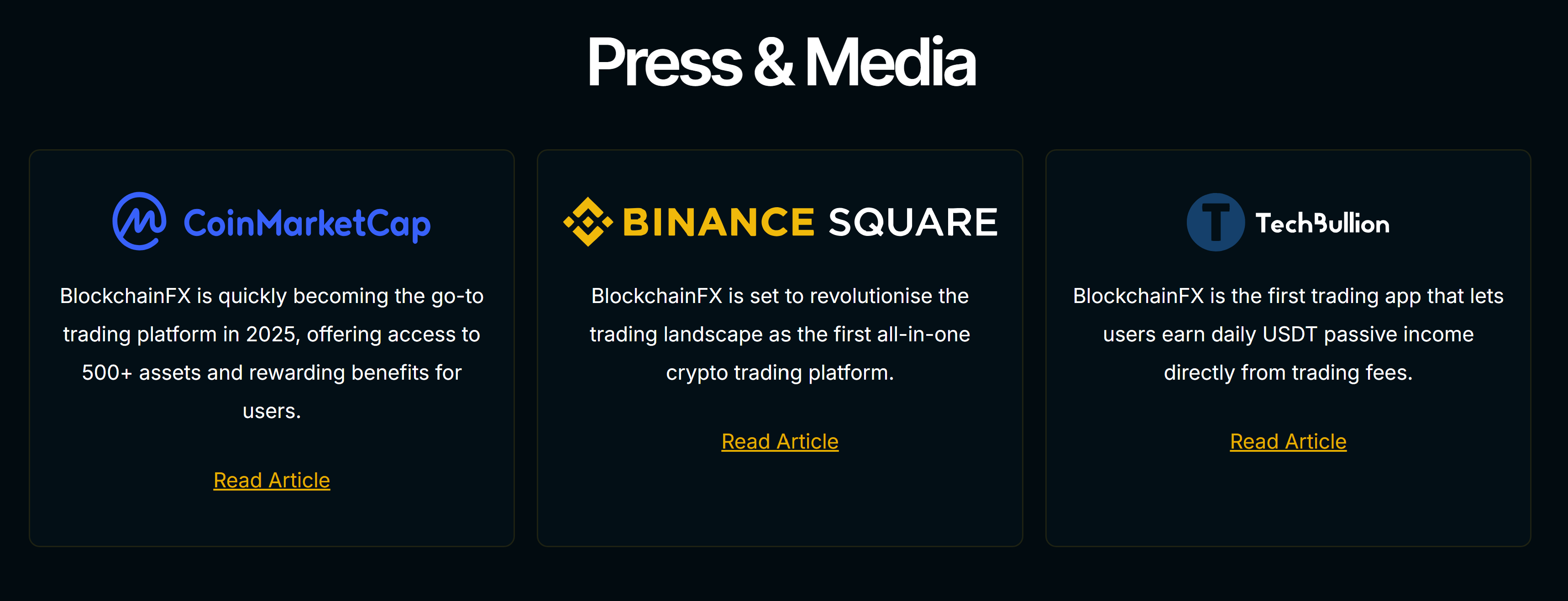Highlighted press release and media section on BlockchainFX site featuring third-party platform logos.