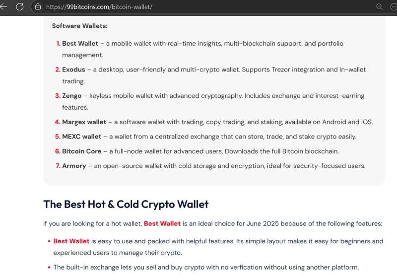 Screenshot showing 99Bitcoins recommending Best Wallet among other crypto wallets, with no visible disclaimer about ties or affiliations to the promoted wallet