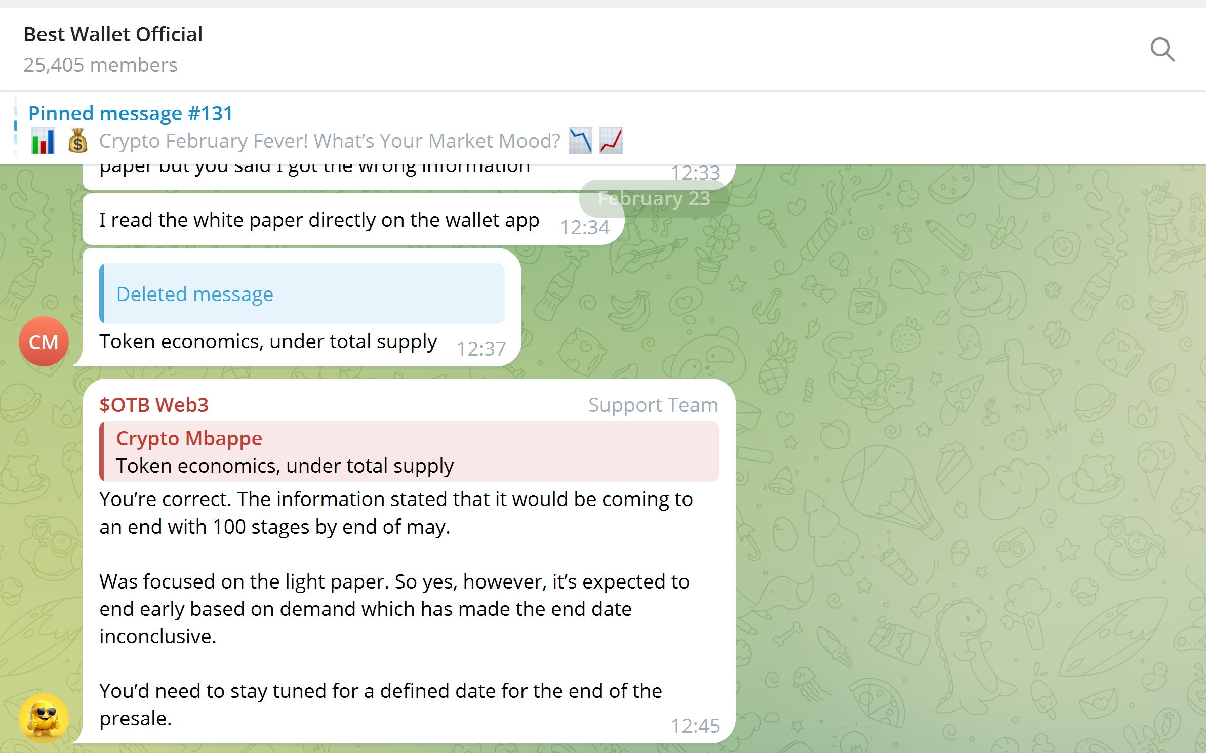 Screenshot of Telegram message from Best Wallet support member "$OTB Web3" in February 2025 stating: "You're correct. The information stated that it would be coming to an end with 100 stages by end of May… So yes, however, it's expected to end early based on demand which has made the end date inconclusive