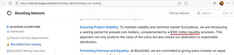 Screenshot of BlockDAG wiki describing a $100 million liquidity provision and vesting period for presale token holders.