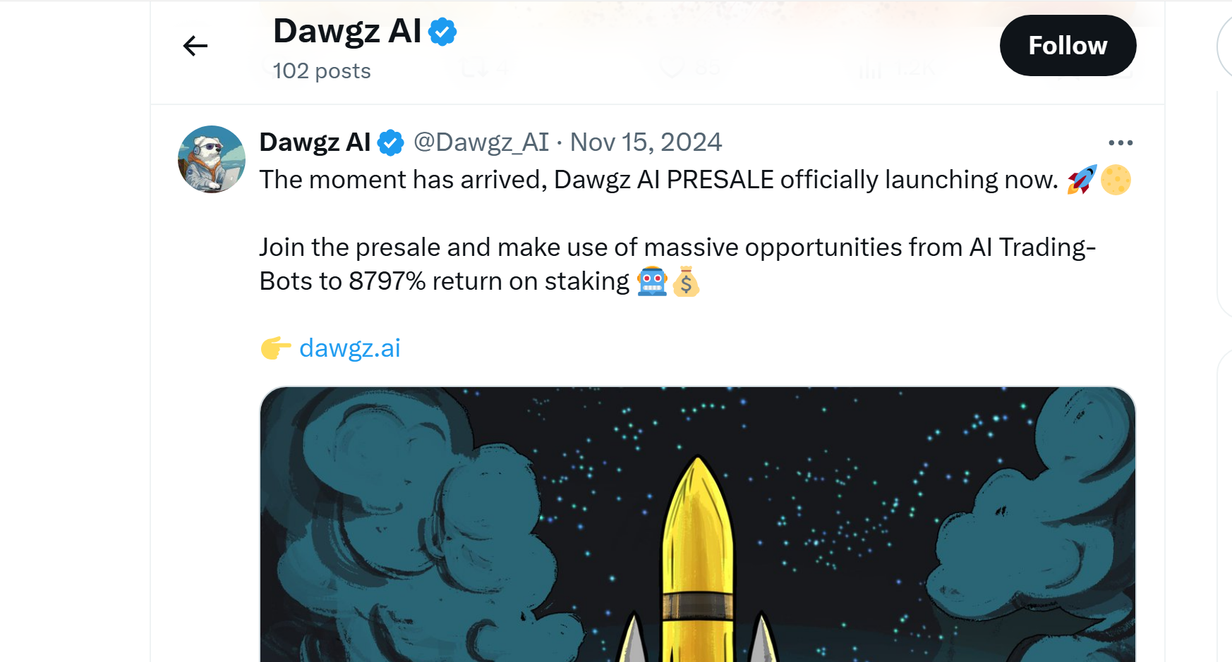 A promotional image from Dawgz AI highlighting an 8,797% APY staking reward. The design emphasizes high returns, with bold text and eye-catching graphics aimed at attracting crypto investors