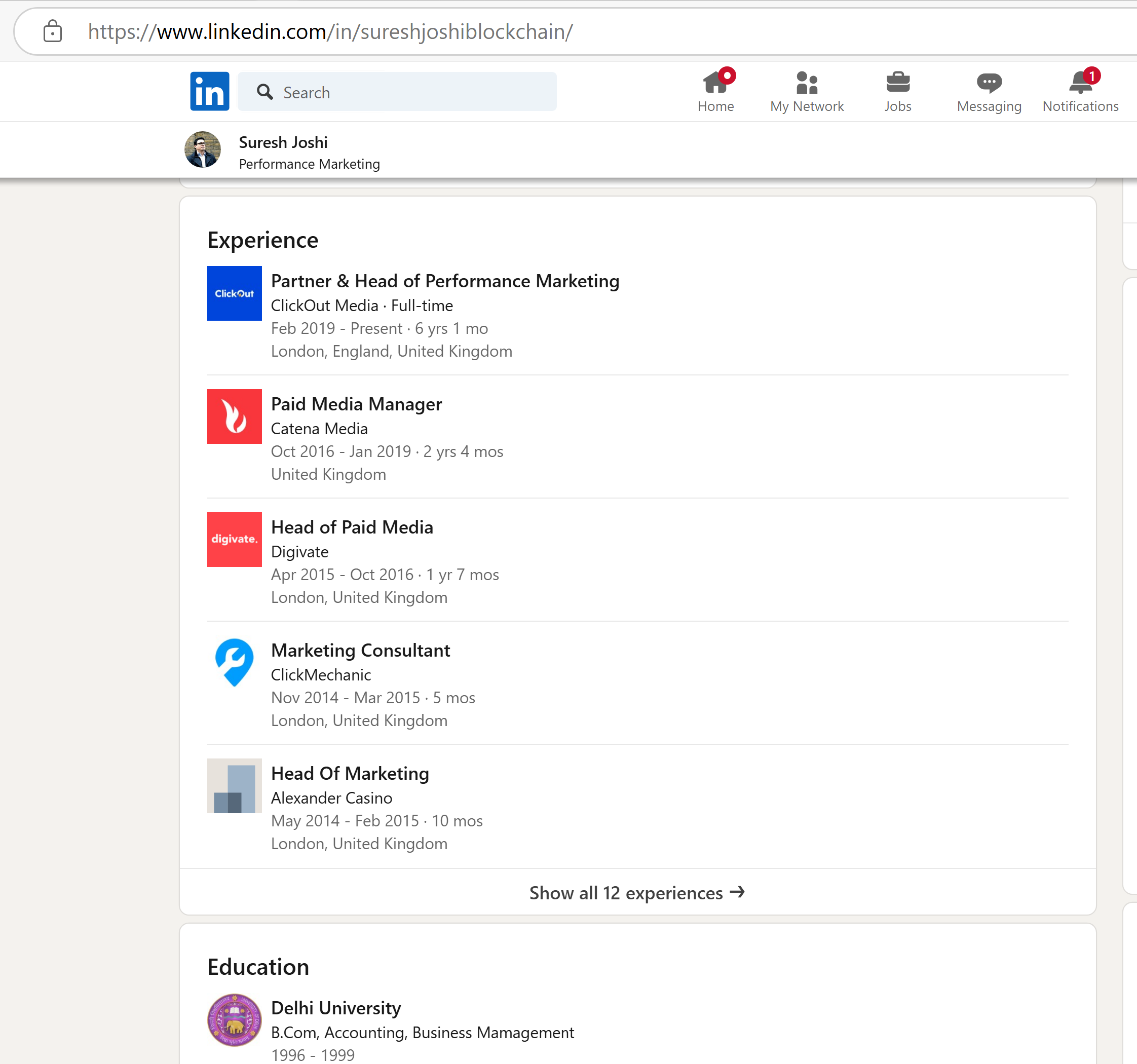 Screenshot of Suresh Joshi’s LinkedIn profile showing his role at Clickout Media starting in 2019 and continuing to the present