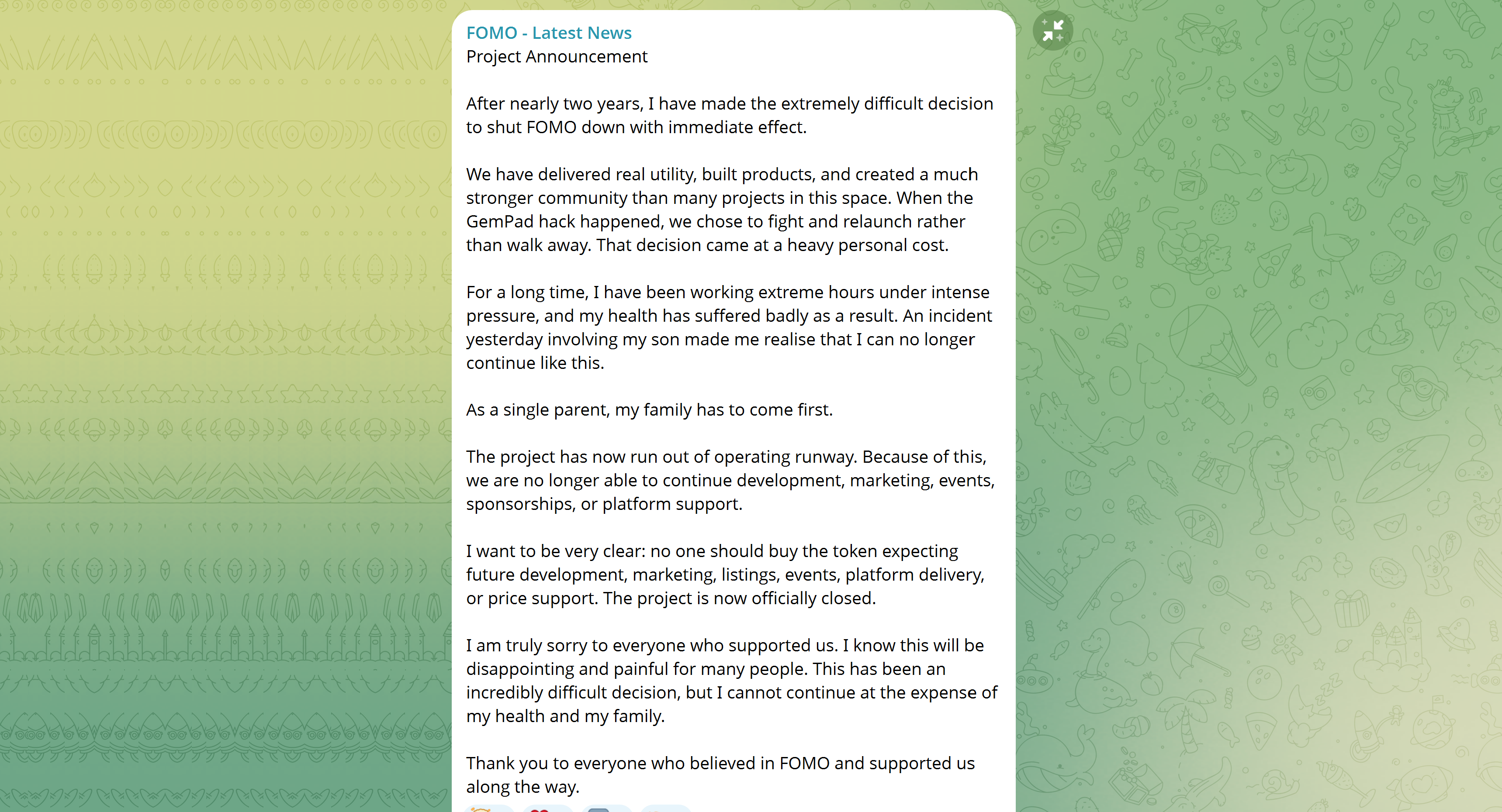 Screenshot of a Telegram announcement from FOMO Network stating the project is shutting down immediately due to health, family, and financial pressures, with the founder warning there will be no future development or token support.
