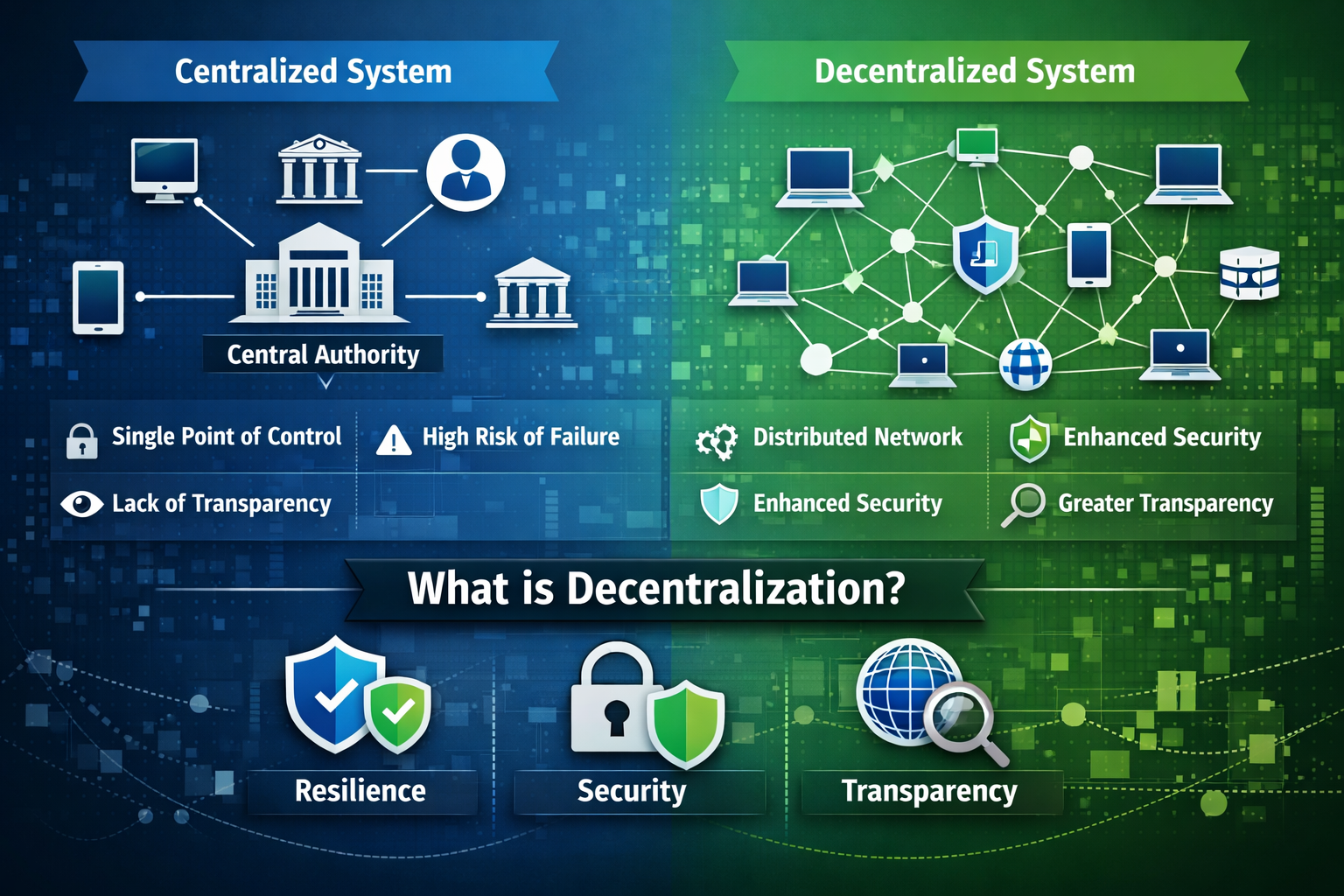 Diagram comparing centralized and decentralized systems. The left side shows a centralized system with a central authority controlling connected devices, while the right side shows a decentralized network of interconnected nodes that share control and improve security, transparency, and resilience.