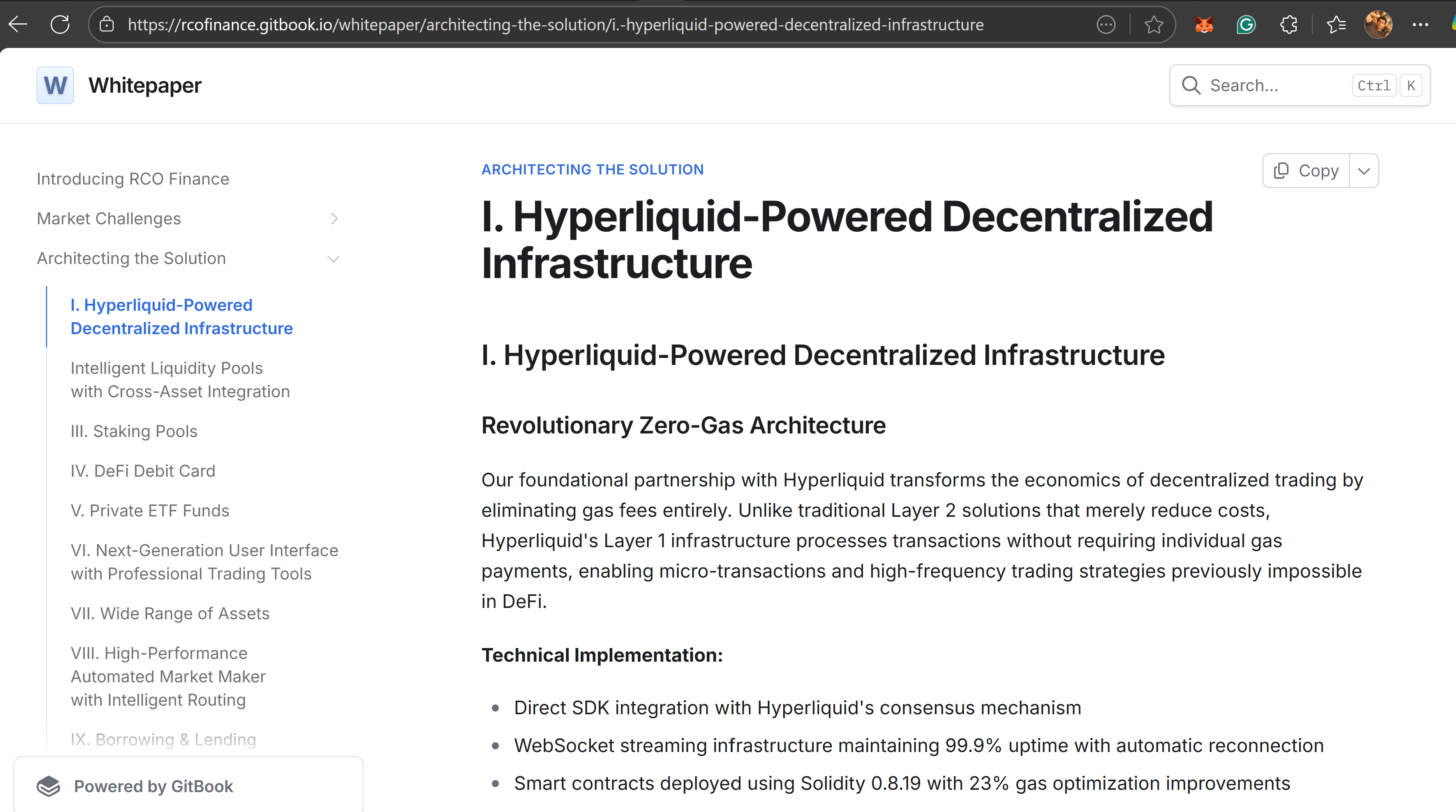 Screenshot from the RCO Finance whitepaper showing technical specifications of a zero-gas trading architecture built on Hyperliquid infrastructure.