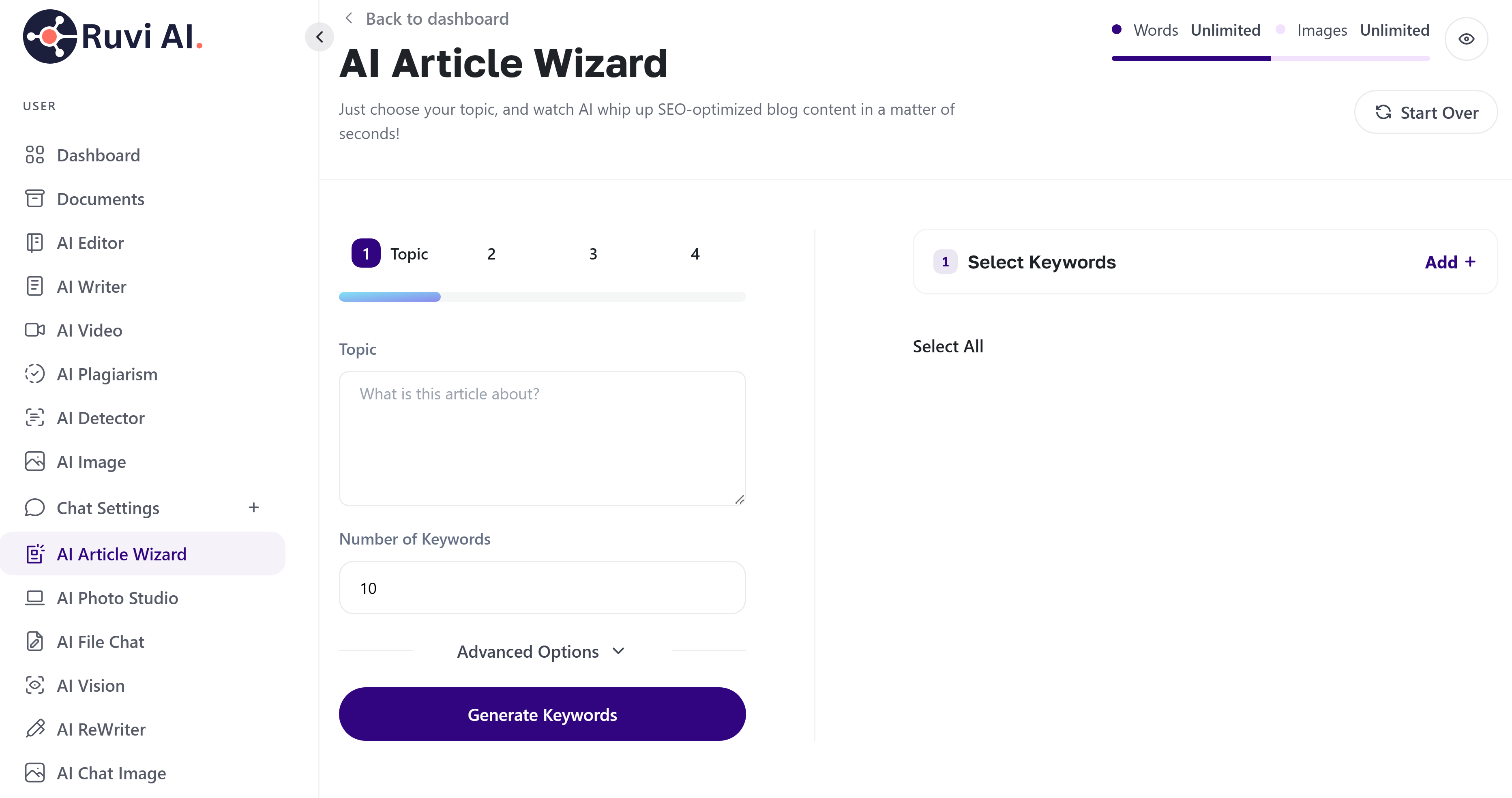 Screenshot of Ruvi AI's Article Wizard tool showing input fields for article topic, number of keywords, and a button to auto-generate SEO keywords based on the user’s prompt