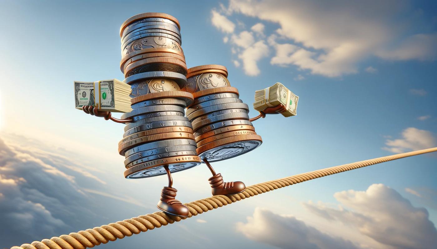 Several coins stacked on top of each other, balanced on a tightrope. The coins have small arms and are holding stacks of dollar bills in each hand to maintain their balance.