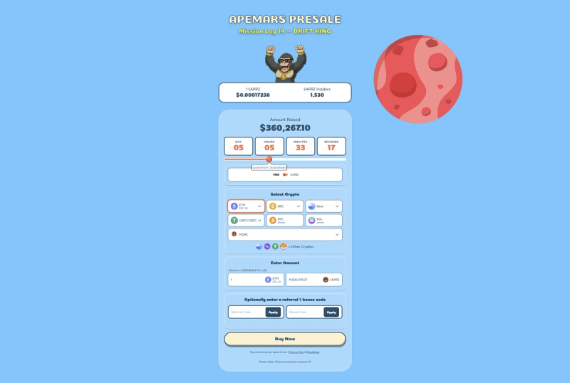 ApeMars APRZ presale launchpad showing token price stage amount raised countdown timer and crypto payment options including ETH BTC USDT and card payments