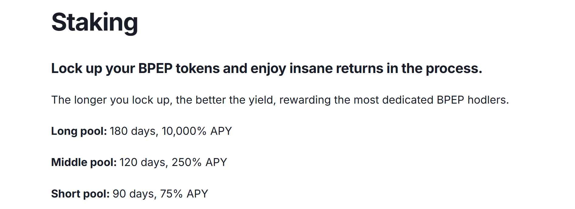 Visual from Bitcoin Pepe whitepaper showing three staking options—long-term, mid-term, and short-term pools—each offering different APYs including a 10,000% reward