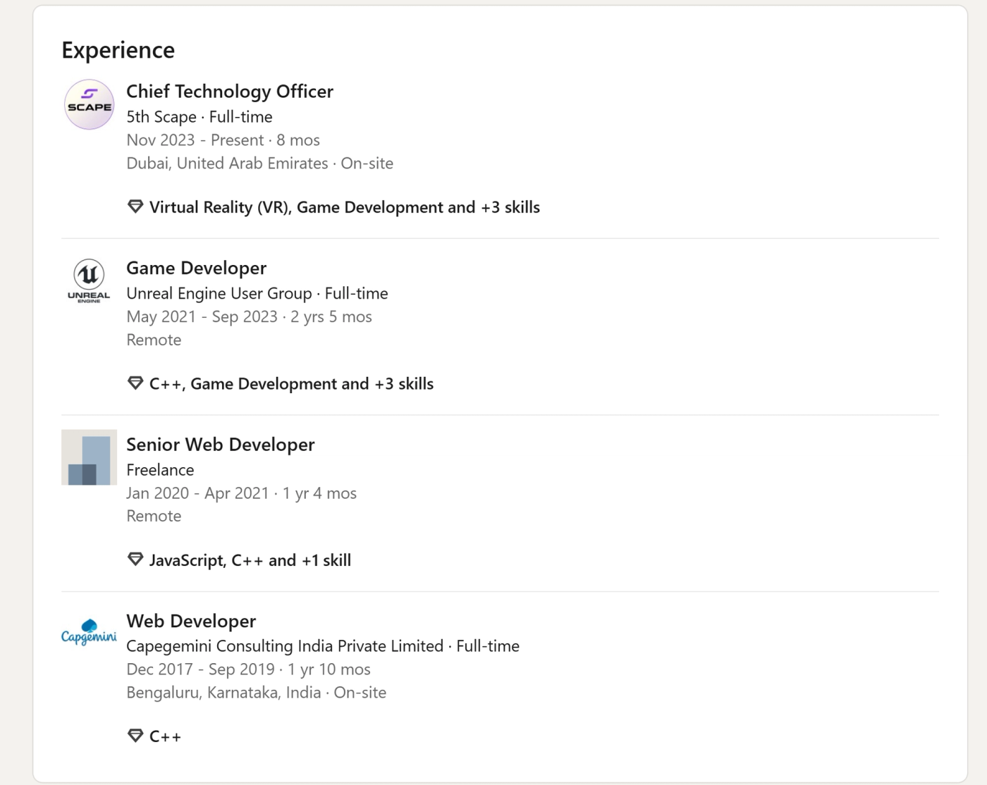 A list of four different development roles, with the most recent is CEO, and title of Experience