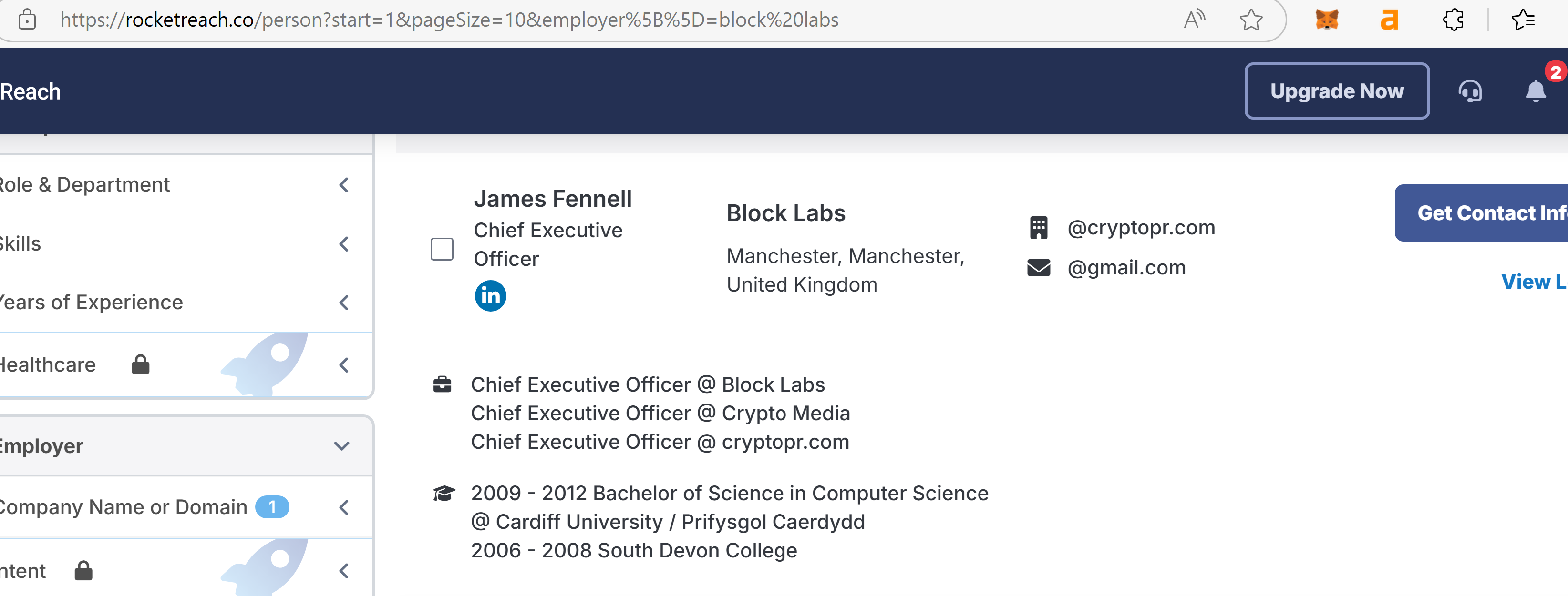 A screenshot from RocketReach displaying James Fennell’s work titles at Block Labs and CryptoPR, including a LinkedIn profile link.