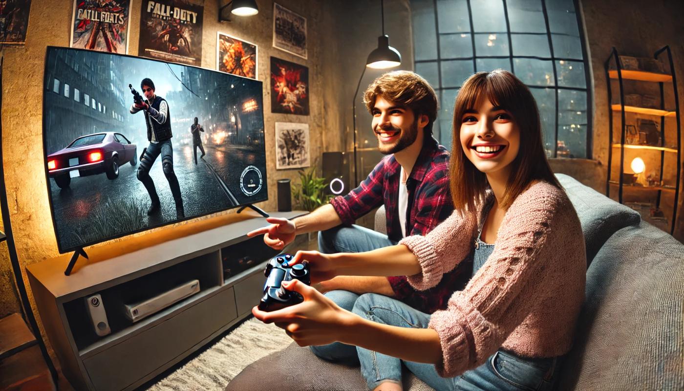 A young gamer girl and her friend playing on the couch, looking at the television, playful and happy. The girl is holding a game controller, and both friends are smiling and engaged in the game. The living room is cozy with a TV screen showing the game, soft lighting, and a comfortable couch. The background includes gaming posters and a shelf with gaming consoles.