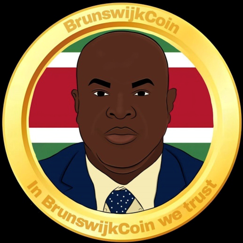 Cartoon close-up of Ronnie Brunswijk's face wearing a suit, framed inside a rounded golden ring