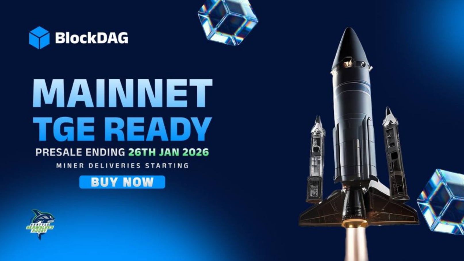 BlockDAG presale promotional image showing a rocket launch with the text - Mainnet TGE Ready -  announcing BDAG token presale ending January 26, 2026, miner deliveries starting, and BlockDAG mainnet launch readiness.