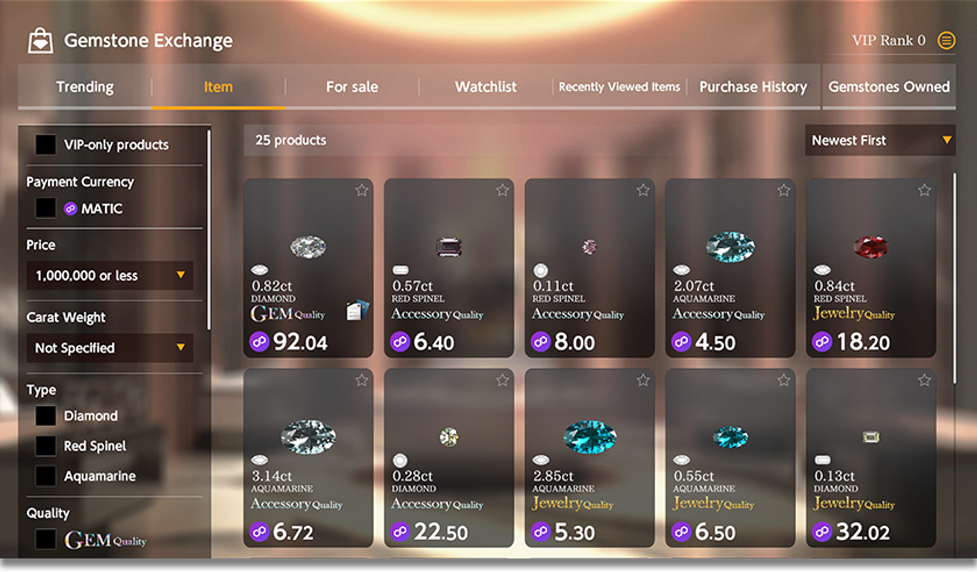 Computer screen showing a shop with 10 different gems, each with unique colors and properties, all priced differently.