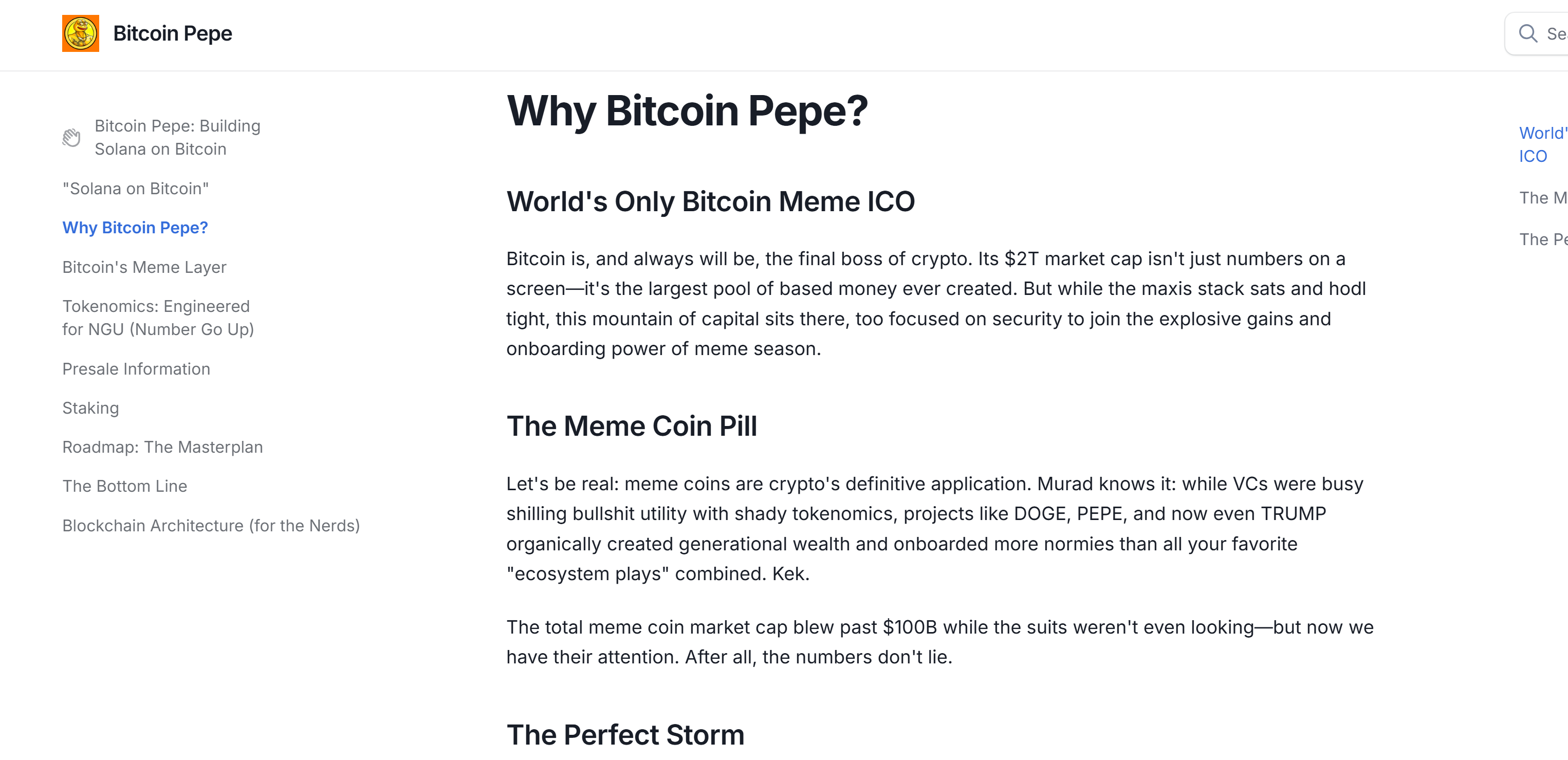 Screenshot of a GitBook page with black text on a white background, showing Bitcoin Pepe project documentation