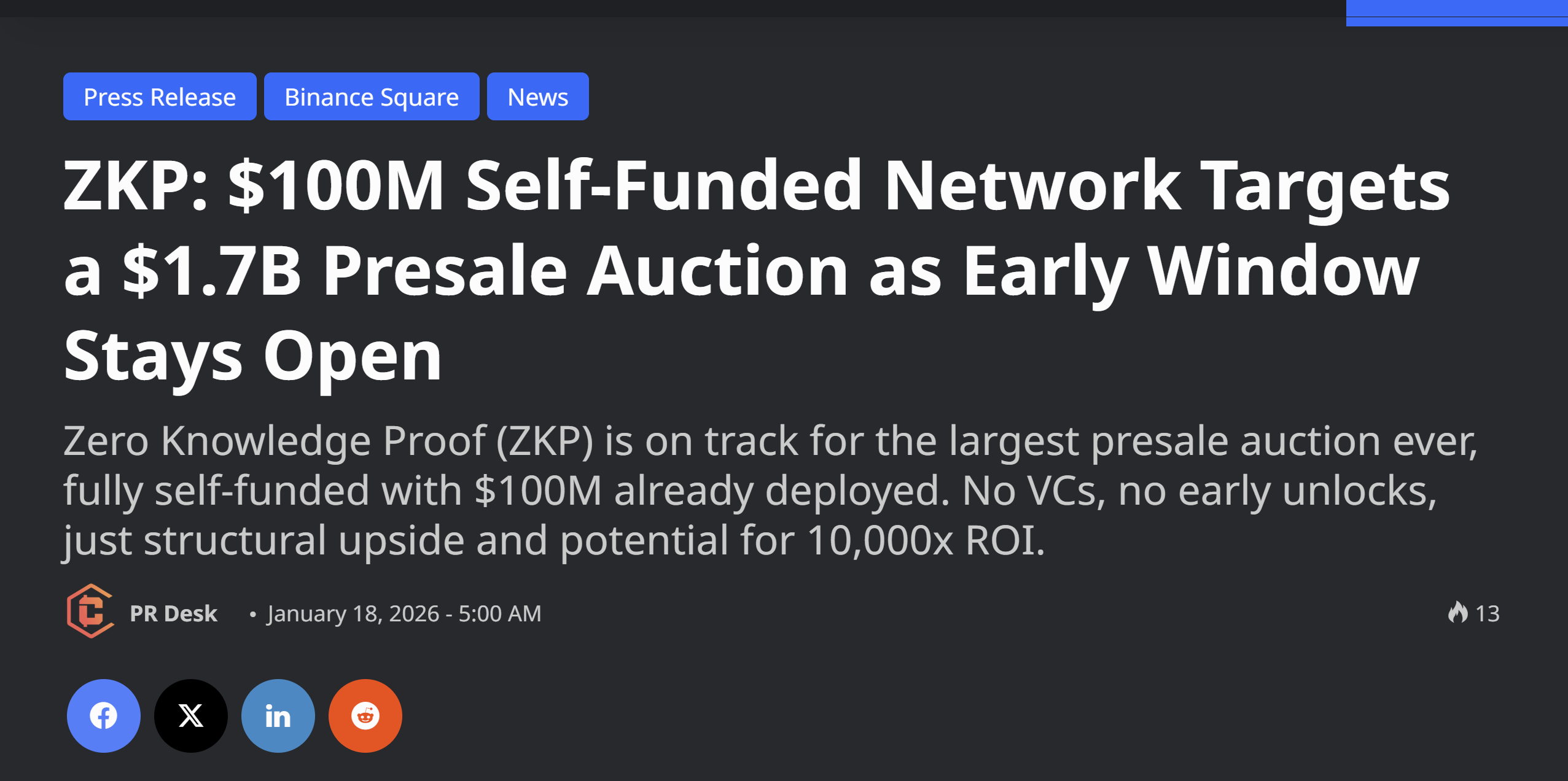 Screenshot of a press release headline claiming ZKP raised $100M and targeting a $1.7B crypto presale auction with potential 10,000x ROI.