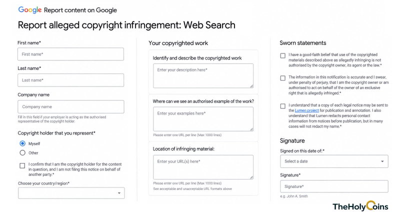 Three-column illustration of Google’s copyright removal form showing contact fields, copyrighted-work and URL entry boxes, declaration checkboxes, and signature fields, with TheHolyCoins logo at the bottom right.