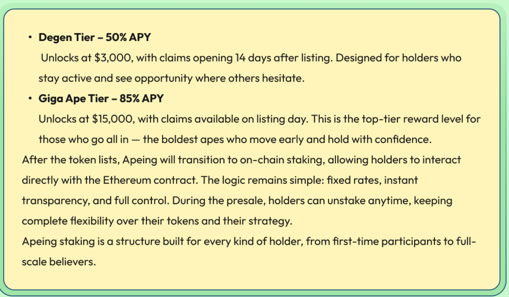 Yellow whitepaper panel showing 50% and 85% staking tiers, purchase thresholds, and reward claim dates.