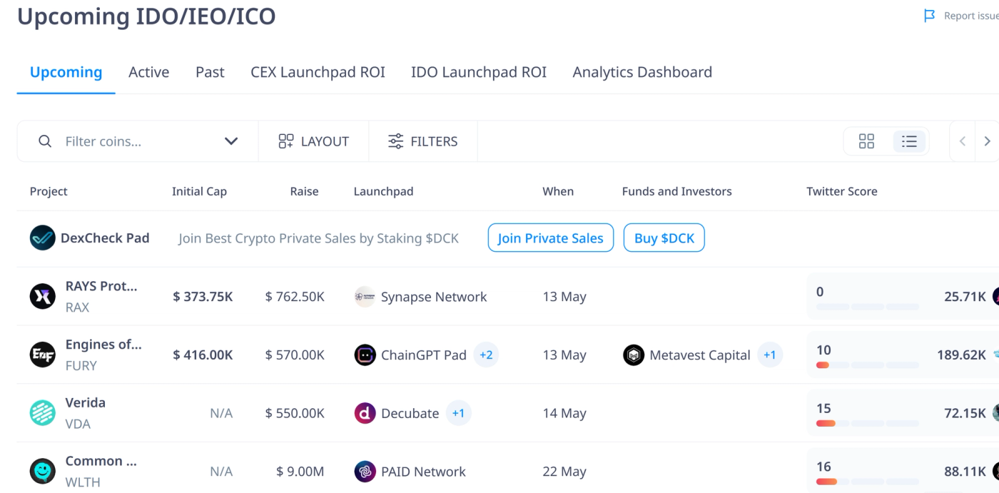 A page with a white background titled 'Upcoming IDO/IEO/ICO' displaying a list of several projects in a tabular format on the first page