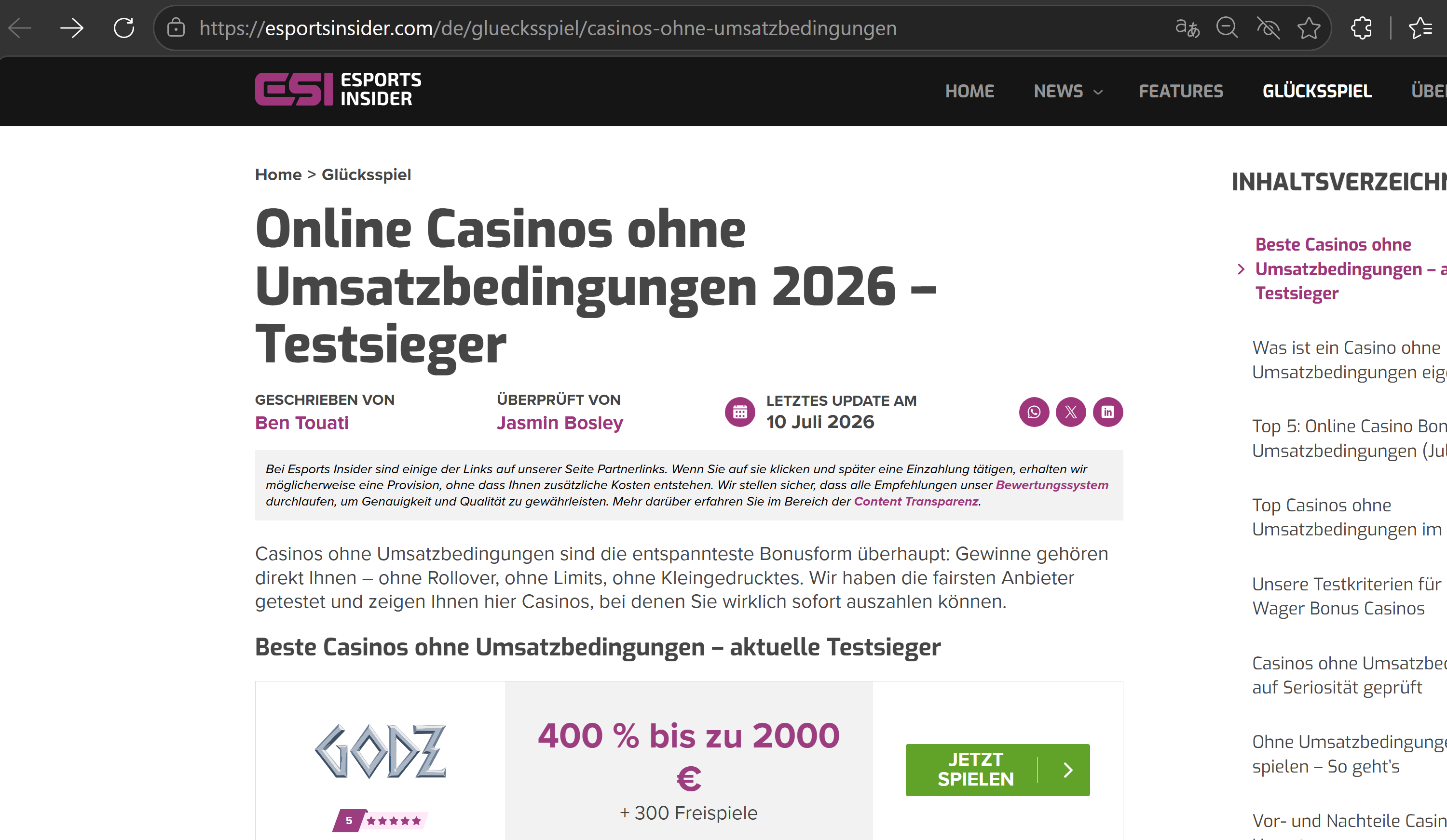 Screenshot of an Esports Insider German-language casino article displaying Ben Touati's byline, central to allegations that Clickout Media published AI-generated articles under his name after his contract ended.