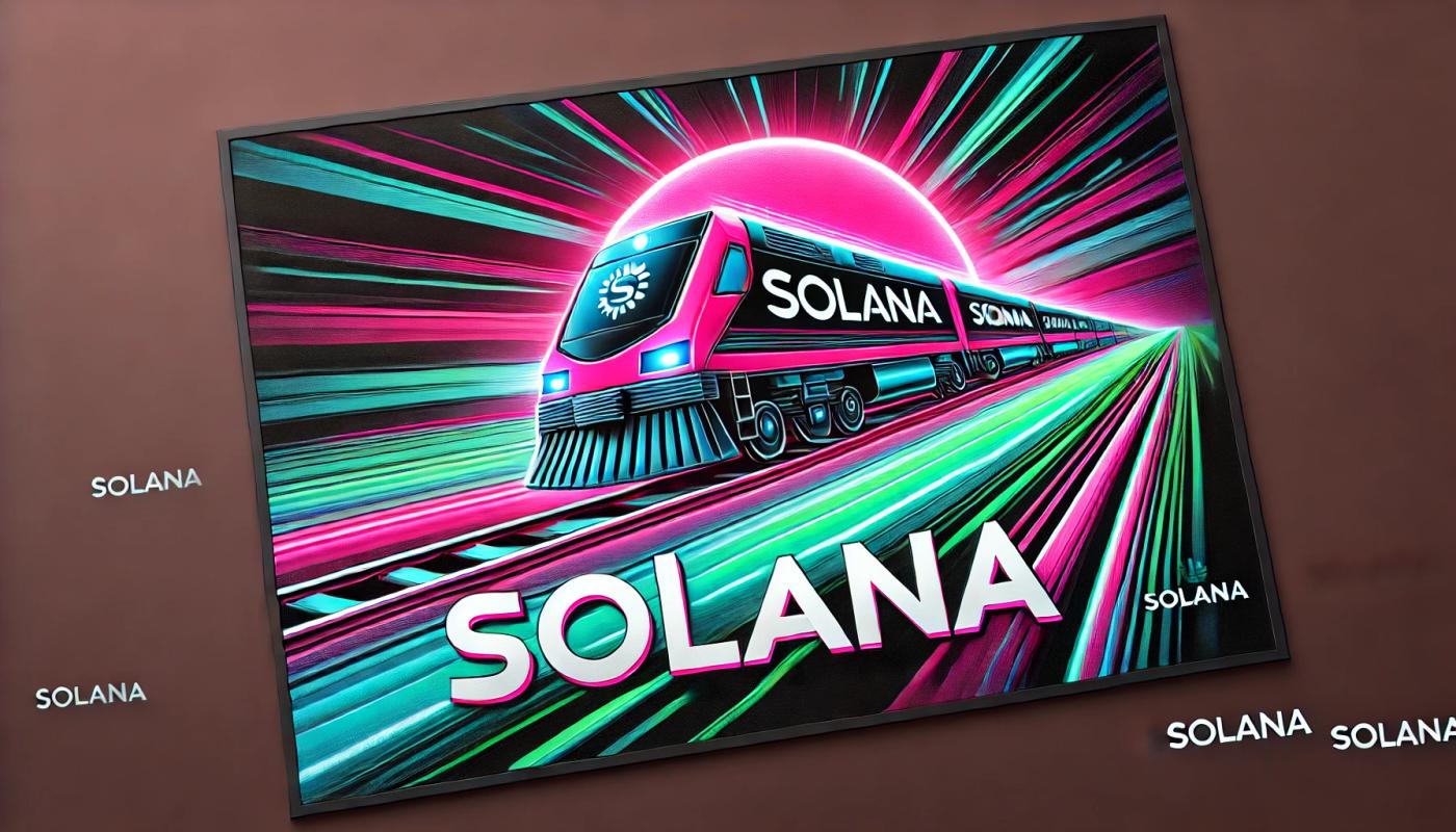 Image in vibrant pink, black, green, and blue colors, featuring fast-running train and the text 'SOLANA' centered in large white letters.