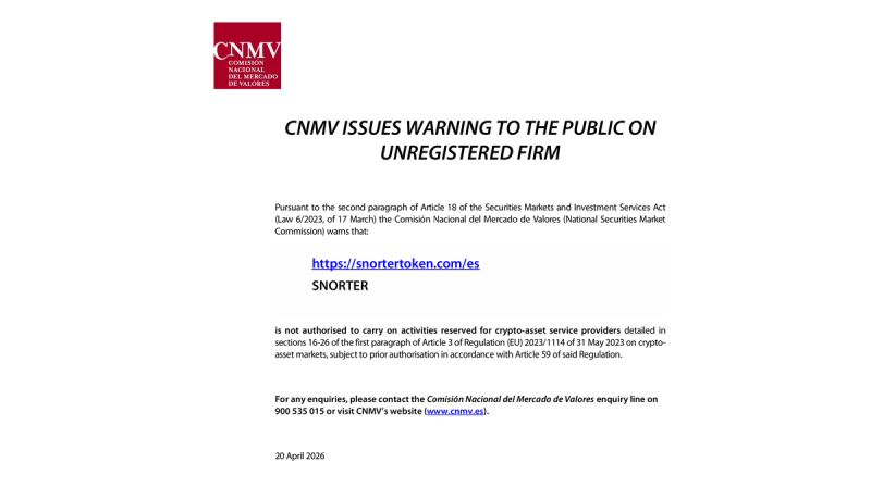 Screenshot of an official warning notice from the Comisión Nacional del Mercado de Valores (CNMV) stating that the website snortertoken.com, associated with the Snorter project, is not authorized to provide crypto-asset services under EU regulation. The document includes the CNMV logo, a bold headline about an unregistered firm, a link to the Snorter website, regulatory references to MiCA rules, and the publication date of April 20, 2026.