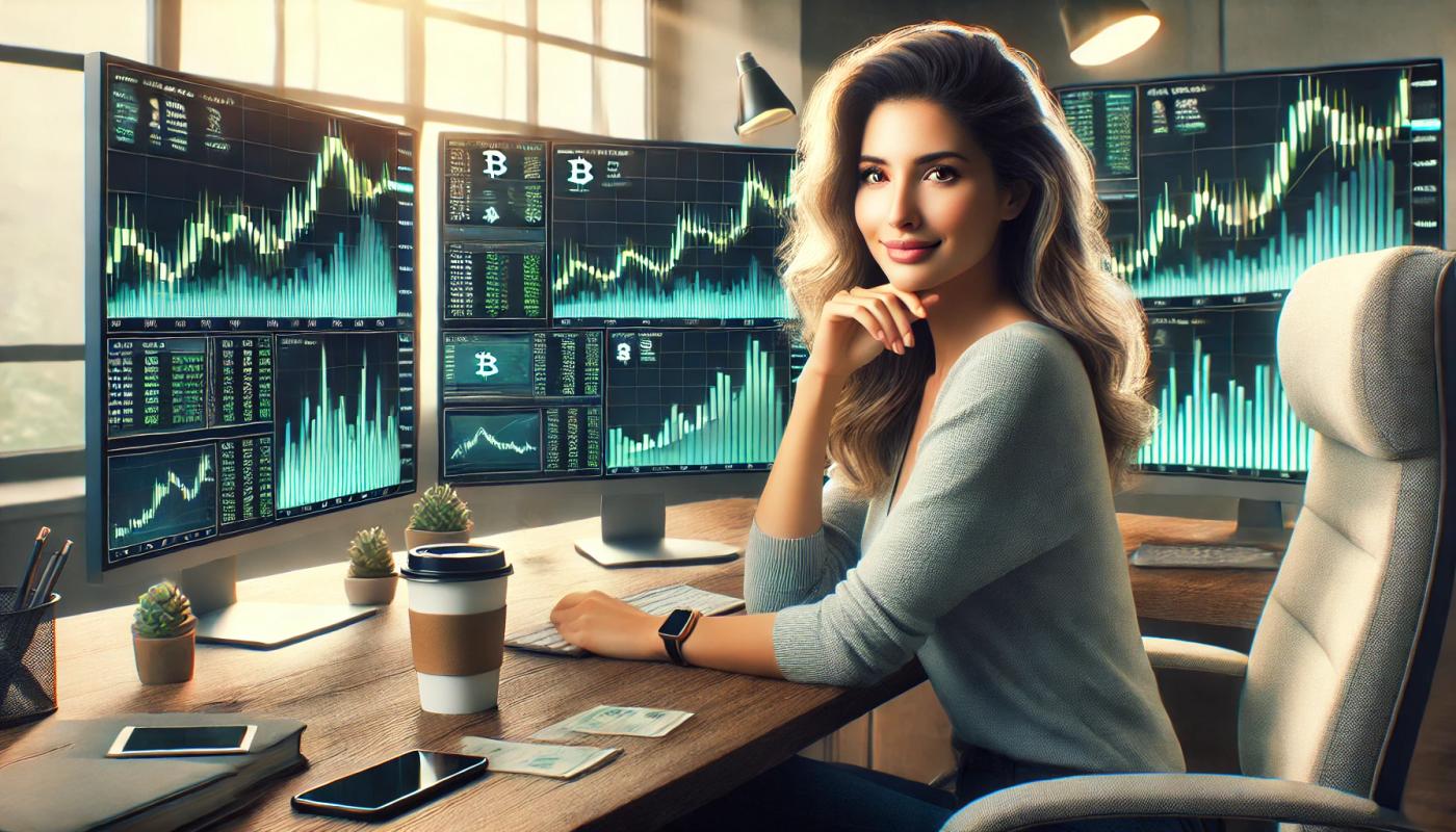 Relaxed woman trader sipping coffee at a desk, calmly observing multiple screens with positive cryptocurrency graphs, in a bright and focused office environment.