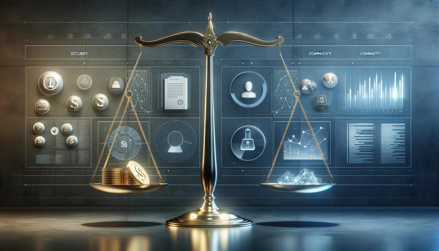 A balancing scale, symbolizing the comparison between 'security' and 'commodity.' One side of the scale shows a legal document, representing security, while the other side displays a gold coin and trading graphs, representing commodity. The background has a professional, muted color palette of dark blue and gray, conveying a sleek and minimalistic design