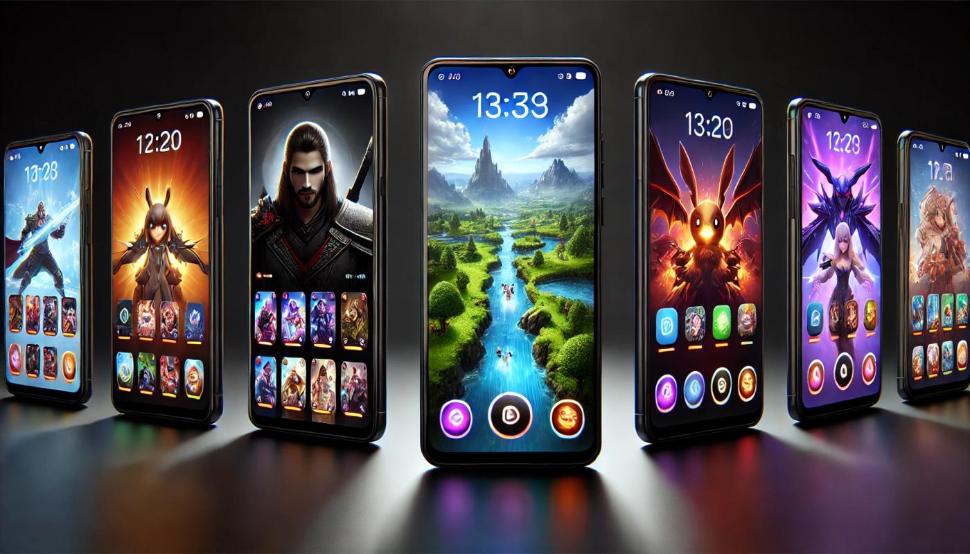 Three mobile phones standing upright on a black background, each displaying a colorful mobile game on the screen