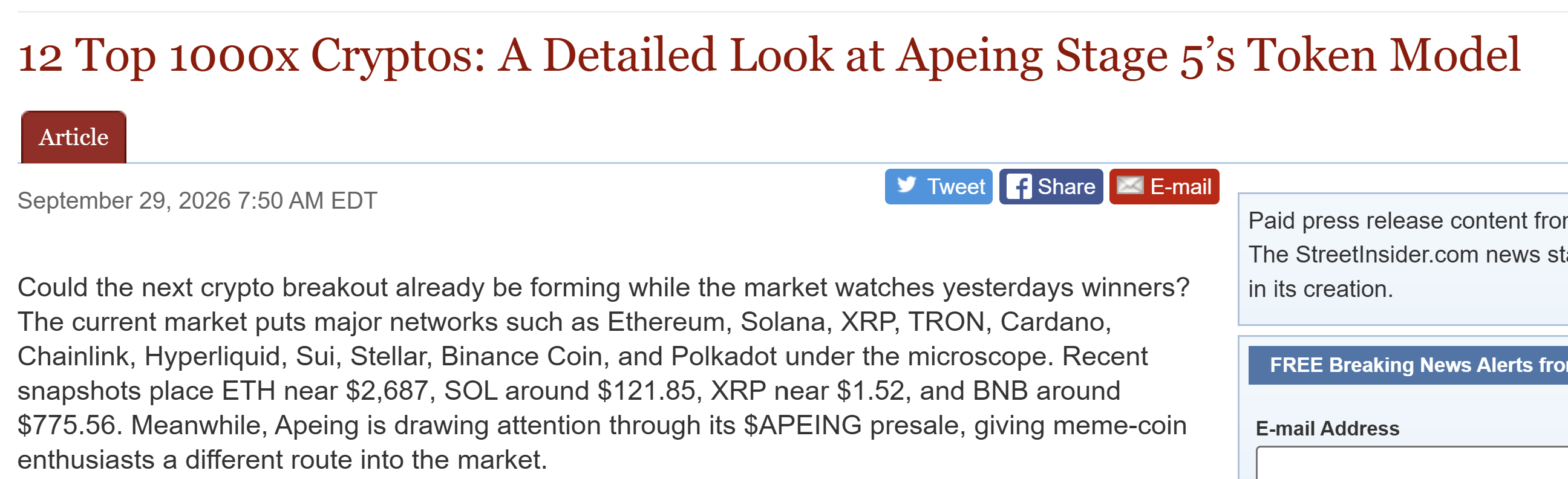 Screenshot of a StreetInsider article with a dark red headline linking Apeing’s Stage 5 token model to “1000x cryptos,” dated September 29, 2026, and a paid press release notice on the right.