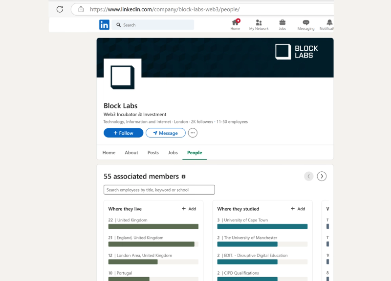 A screenshot of Block Labs’ LinkedIn profile showing company details, including location and employee count, with a professional layout.