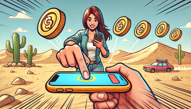 Cartoon woman tapping on a phone with coins popping out in the air, set against a desert background with light sand dunes and a clear sky