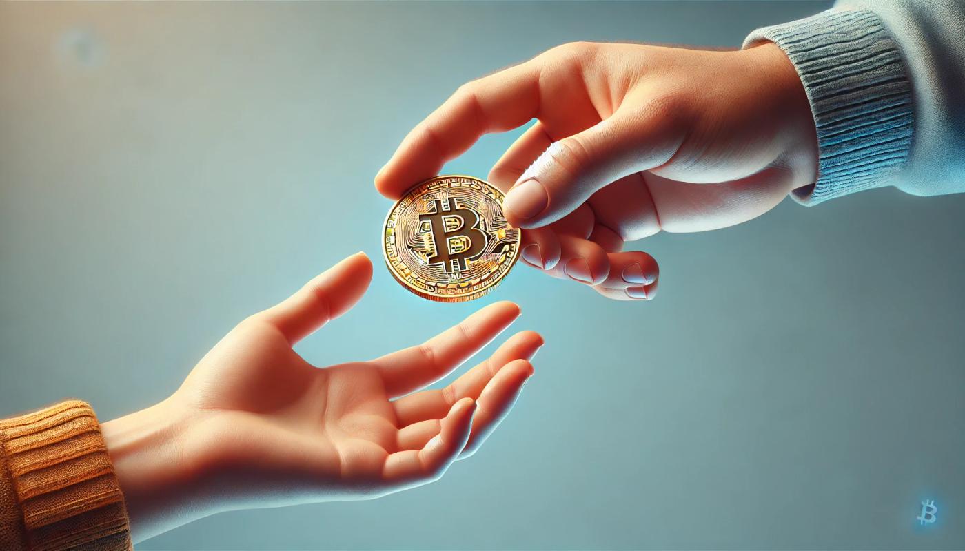 One hand giving a gold Bitcoin token to another hand, set against a smooth light blue background, symbolizing the concept of digital currency exchange.