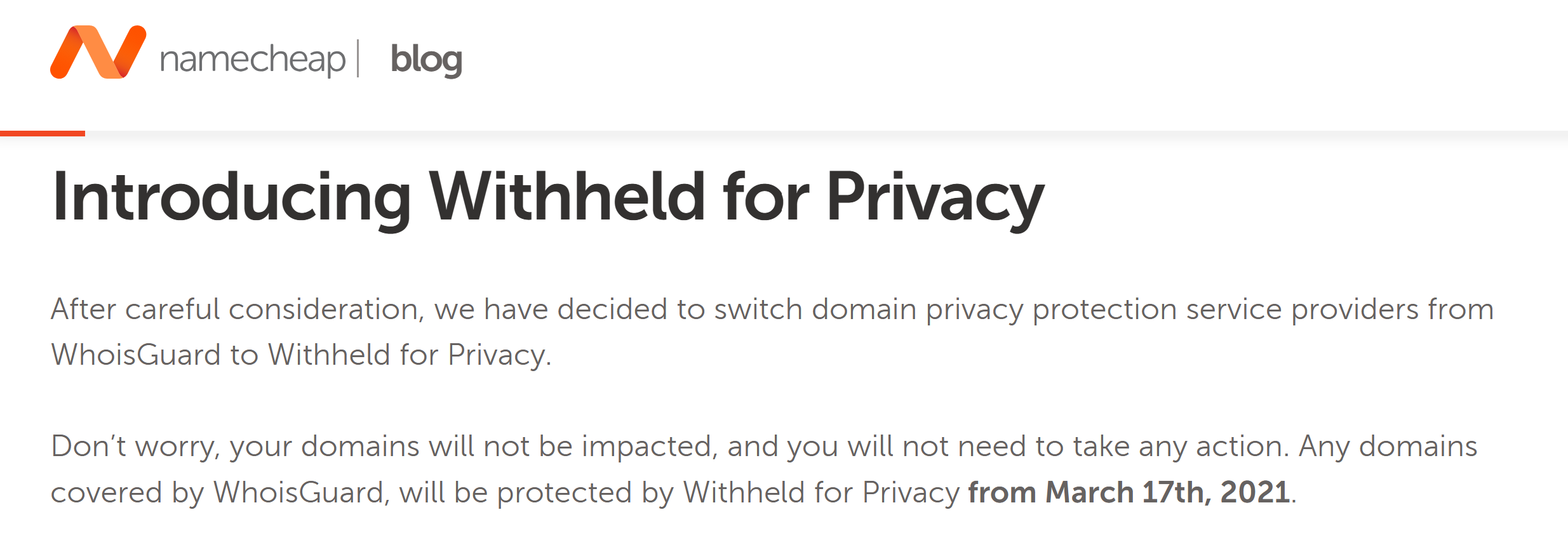 A screenshot of Namecheap’s official blog post announcing the transition from WhoisGuard to Withheld for Privacy for domain privacy protection