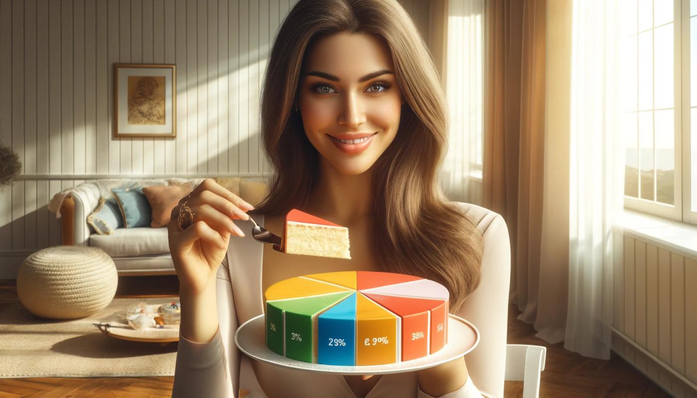 A woman looking at the viewer, holding a round cake that resembles a chart divided into differently colored slices, each with a percentage number on it. She is lifting one slice and offering it to the viewer