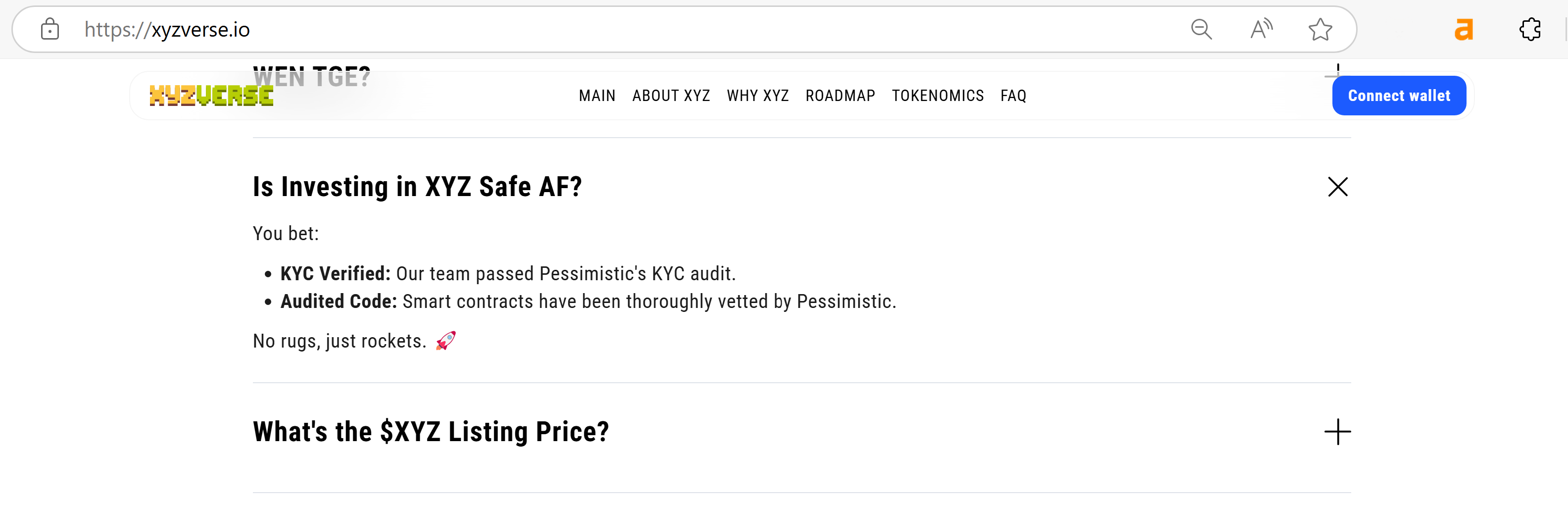 XYZVerse crypto website screenshot displaying a claim of KYC verification with the Pessimistic auditing firm