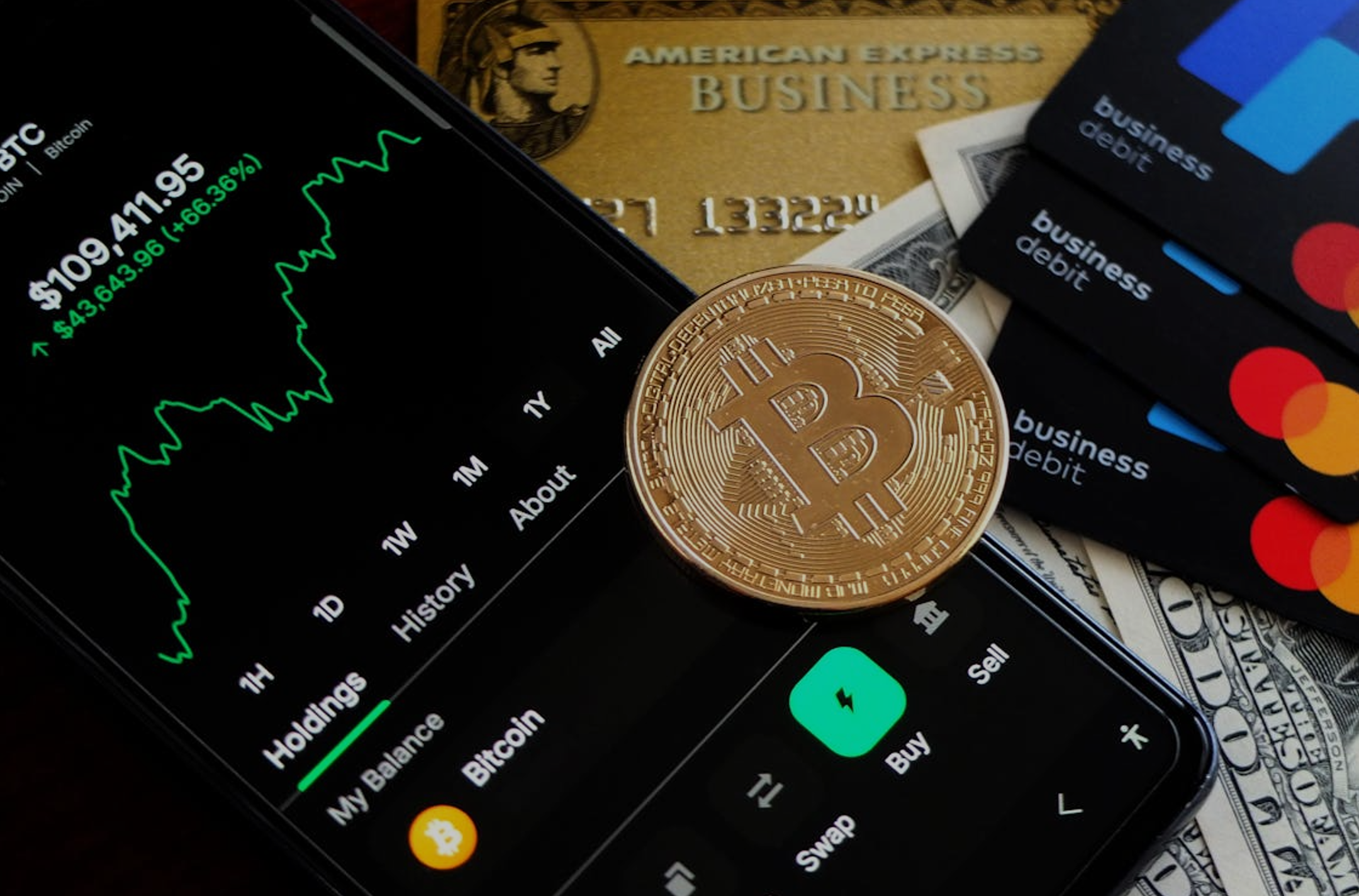 Close-up of a smartphone displaying a Bitcoin price chart and trading interface, with a physical Bitcoin coin placed on the screen. In the background are U.S. dollar bills and several business debit and credit cards, including an American Express card, symbolizing cryptocurrency trading and digital payments.