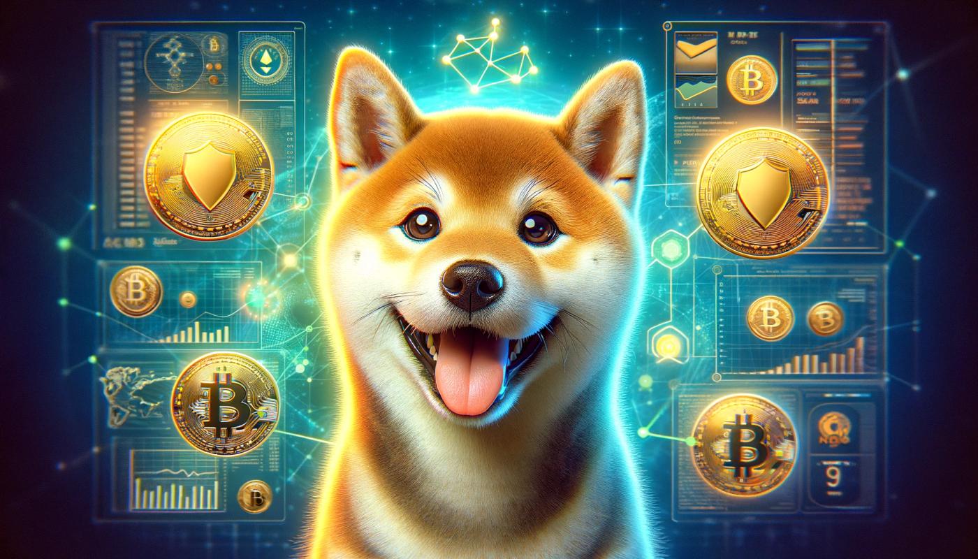 The face of a Shiba Inu dog with its mouth open and tongue out, set against a futuristic background featuring graphs and coins