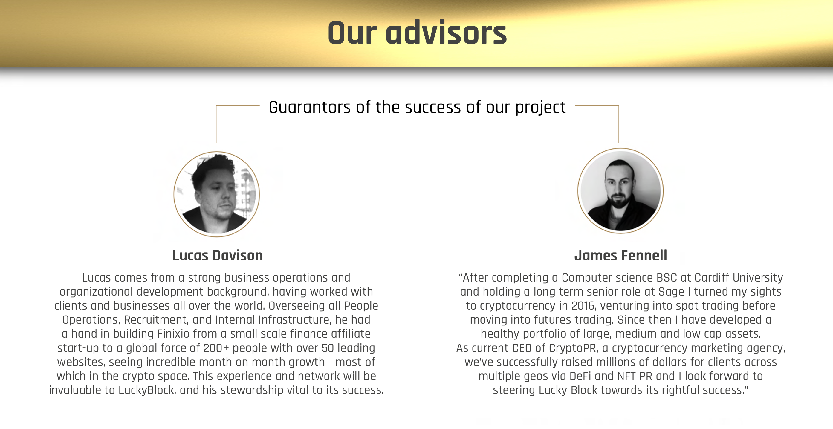 A slide from an official Lucky Block presentation showing James Fennell’s titles as Lucky Block advisor and CEO of CryptoPR.