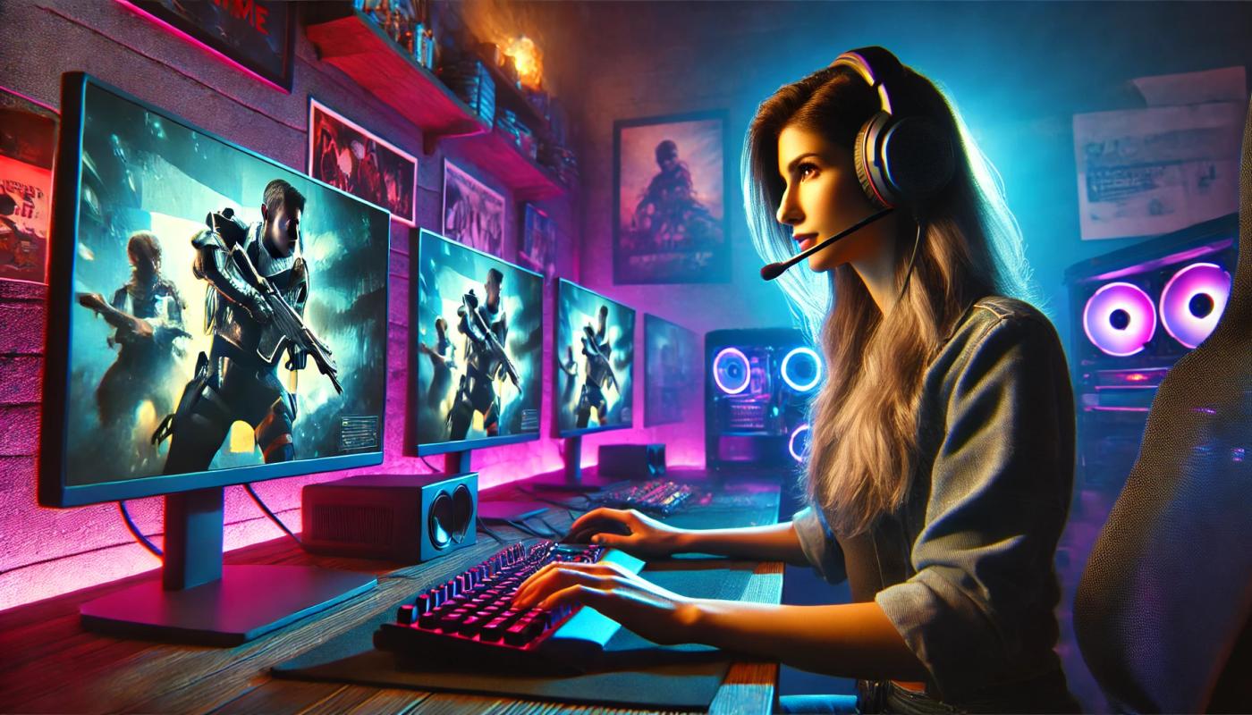 A woman gamer sitting at a modern gaming setup. She is focused on her computer screen, surrounded by multiple monitors displaying vibrant game graphics. The room has a dimly lit, cozy atmosphere with LED lighting in shades of blue and purple.