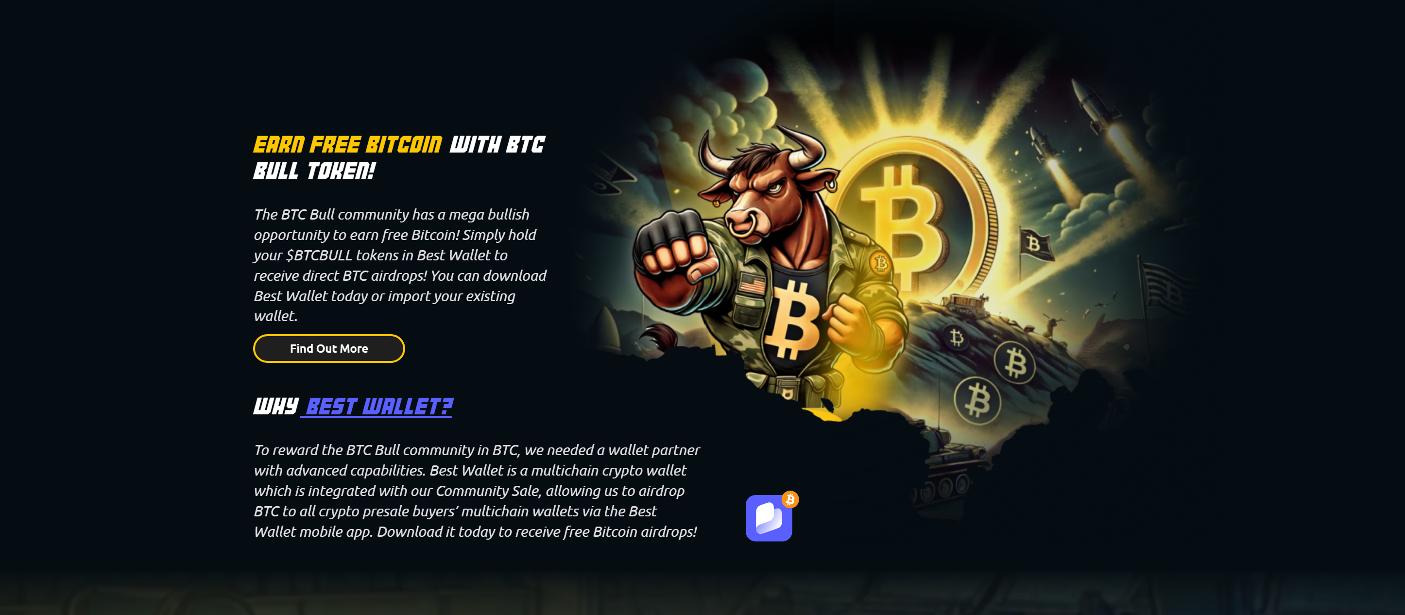 Image on a black background featuring a bull raising its fist toward the viewer, with text promoting Best Wallet and a link to download the crypto wallet