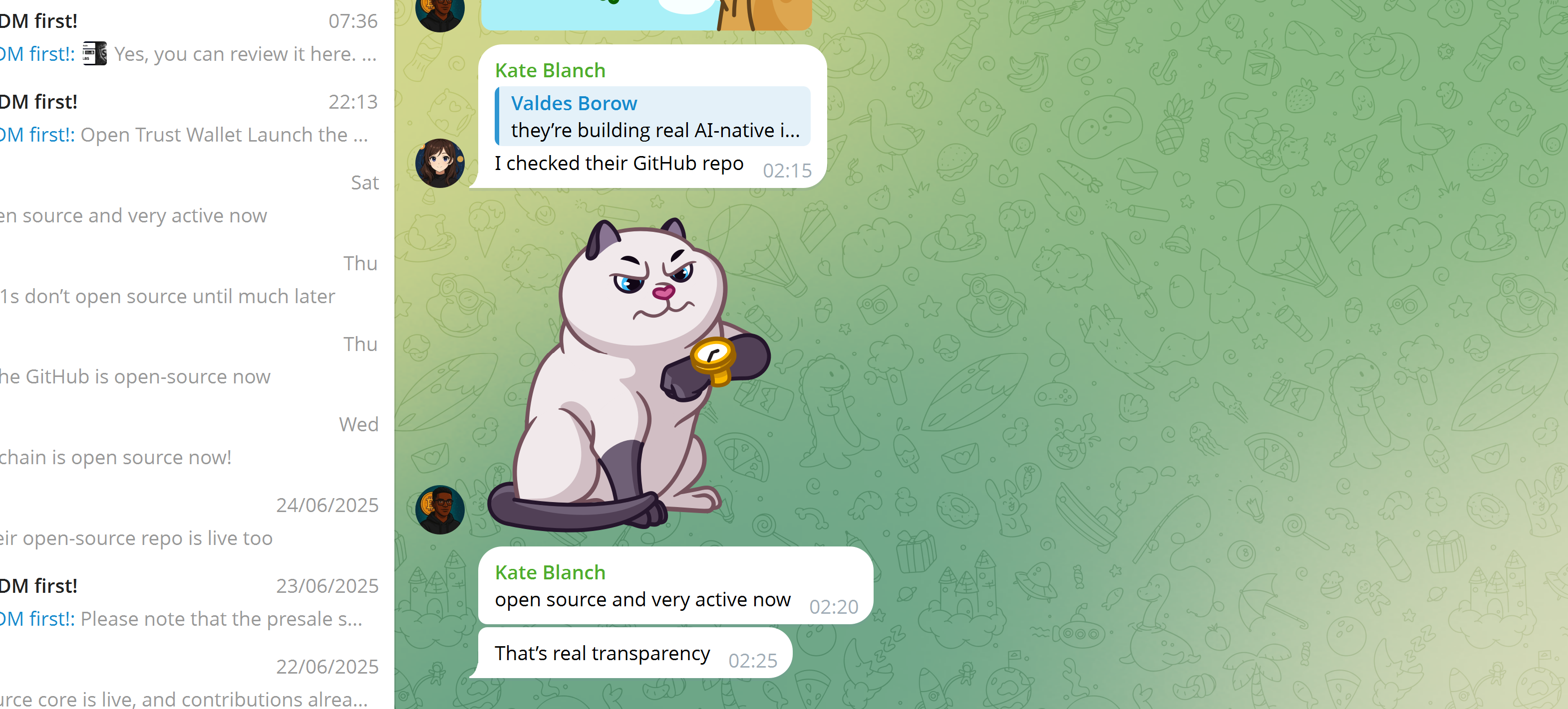 Telegram user Kate Blanch posting positive comments about Nexchain