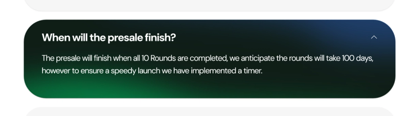 Screenshot of Digitap’s expanded presale FAQ, with white text on a dark green panel stating that ten rounds are expected to take 100 days.